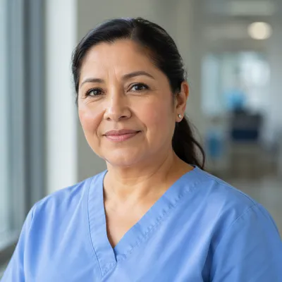 Compassionate Nurse Headshot in Clinic Hallway
