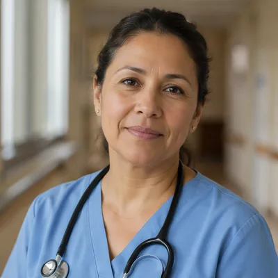 Compassionate Nurse Portrait in Hospital Corridor