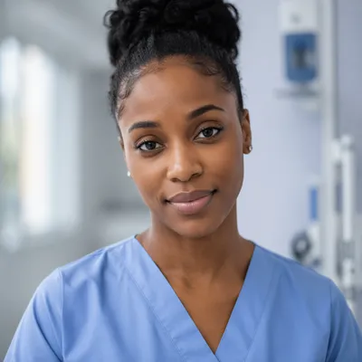 Compassionate Nurse Portrait in Clinic Corridor