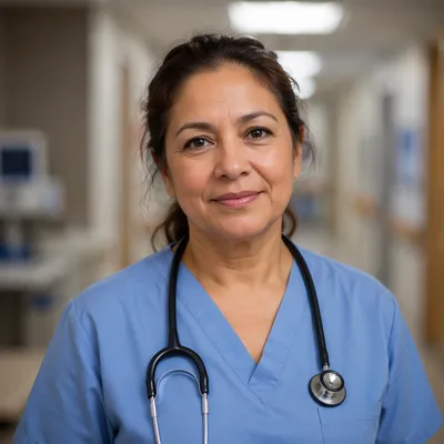 Compassionate Nurse in Hospital Corridor Headshot