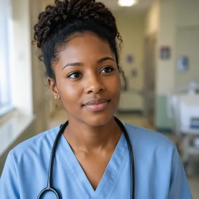 Compassionate Young Nurse in Hospital Corridor