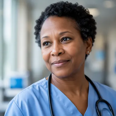 Compassionate Nurse Portrait in Hospital Corridor