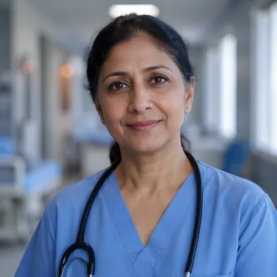 Compassionate Nurse Headshot in Hospital Corridor