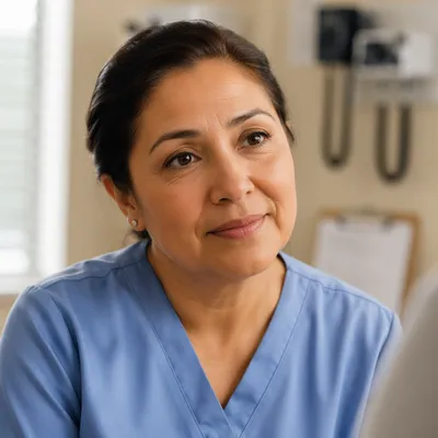 Compassionate Nurse Headshot in Clinic Room