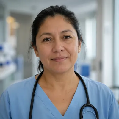Compassionate Nurse Headshot in Hospital Corridor