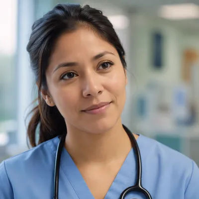 Compassionate Nurse Headshot in Hospital Corridor