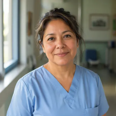 Empathetic Nurse Portrait in Clinic Hallway