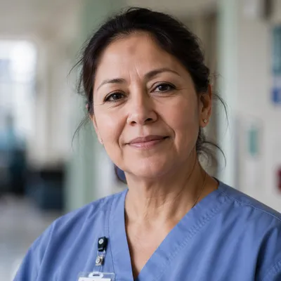 Compassionate Nurse Headshot in Hospital Corridor