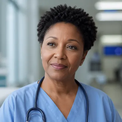 Empathetic Nurse in Hospital Corridor Portrait