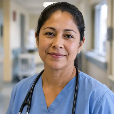 Compassionate Nurse in Hospital Corridor Portrait