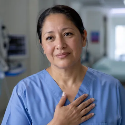 Compassionate Nurse Headshot in Hospital Corridor