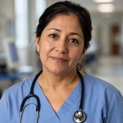 Compassionate Nurse Headshot in Hospital Corridor