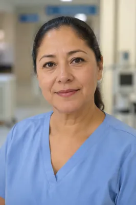 Compassionate Nurse Headshot in Hospital Corridor