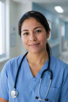 Compassionate Nurse Portrait in Hospital Corridor