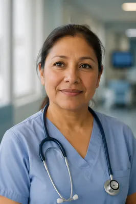 Compassionate Nurse Headshot in Hospital Corridor