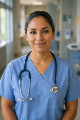 Compassionate Nurse Portrait in Hospital Corridor