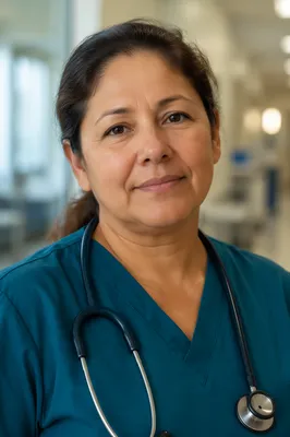 Compassionate Nurse Headshot in Hospital Corridor