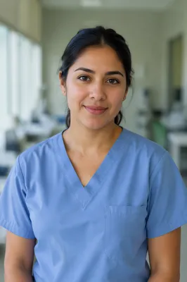 Compassionate Nurse Headshot in Clinic Corridor