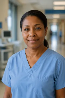 Compassionate Nurse Portrait in Hospital Corridor