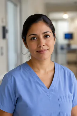 Compassionate Nurse Portrait in Hospital Corridor