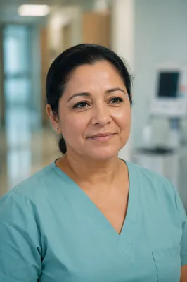 Compassionate Nurse Headshot in Hospital Corridor