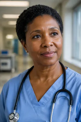 Compassionate Nurse Portrait in Hospital Corridor