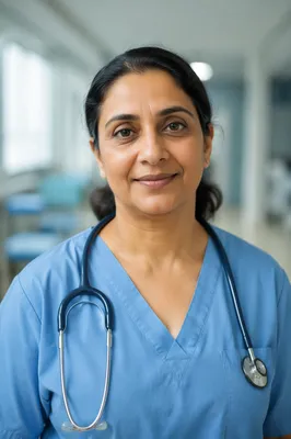 Compassionate Nurse Headshot in Hospital Corridor