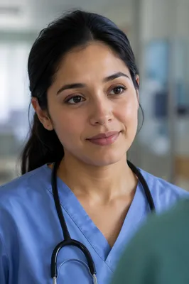Empathetic Young Nurse in Hospital Corridor