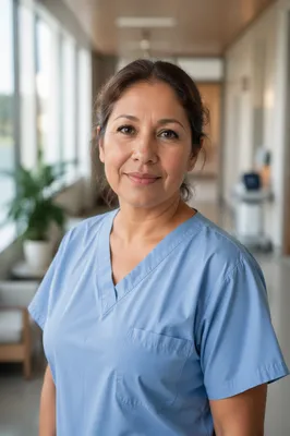 Compassionate Nurse Headshot in Clinic Hallway