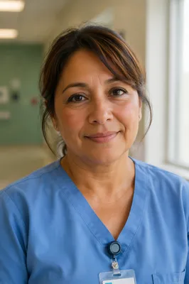Compassionate Nurse Headshot in Hospital Corridor