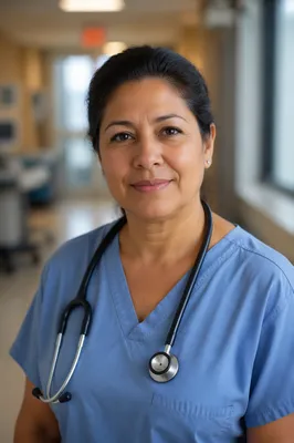 Compassionate Nurse in Hospital Corridor Portrait