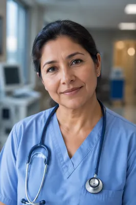 Compassionate Nurse Headshot in Hospital Corridor
