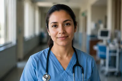 Compassionate Nurse Headshot in Hospital Corridor