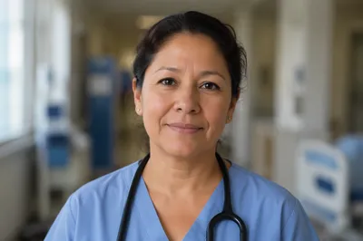 Compassionate Nurse Portrait in Hospital Corridor