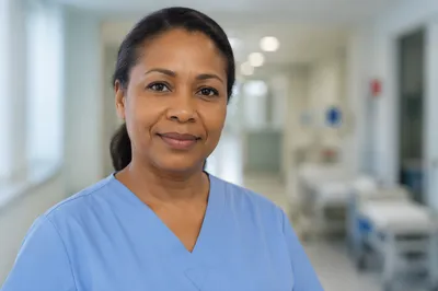 Compassionate Nurse Portrait in Hospital Corridor