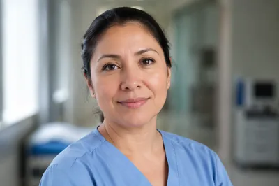 Compassionate Nurse Headshot in Clinic Hallway