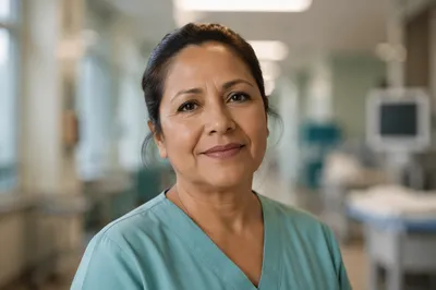 Compassionate Nurse in Hospital Corridor Headshot