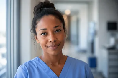 Compassionate Young Nurse in Clinic Corridor