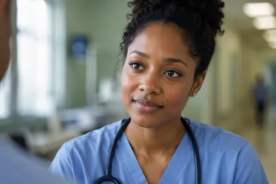 Empathetic Young Nurse in Hospital Corridor