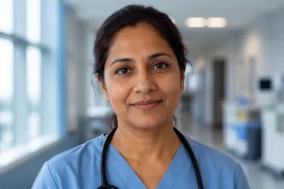 Compassionate Nurse Headshot in Hospital Corridor