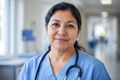 Compassionate Nurse in Hospital Corridor Portrait