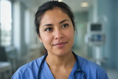 Compassionate Nurse Headshot in Hospital Corridor