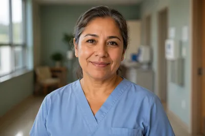 Compassionate Nurse in Clinic Hallway Portrait