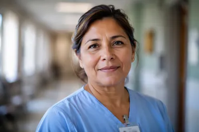 Compassionate Nurse Headshot in Hospital Corridor