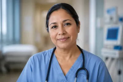 Compassionate Nurse Portrait in Hospital Corridor