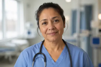 Compassionate Nurse Portrait in Hospital Corridor