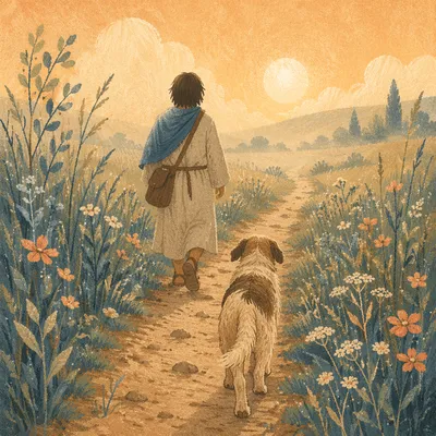 Faithful Dog Following Along Meadow Path