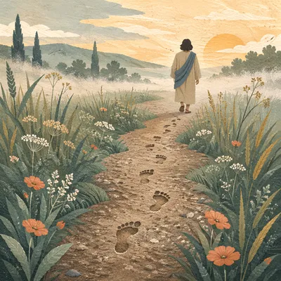 Obedient Footsteps on Meadow Path at Dawn
