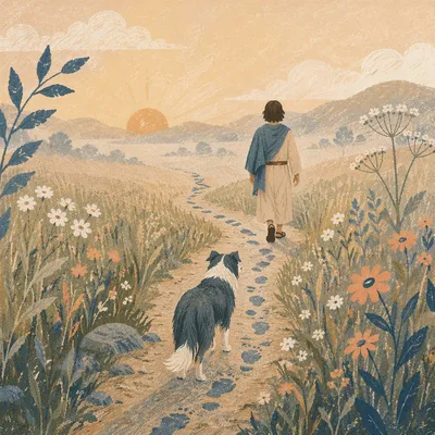 Obedient Dog Following Meadow Path at Sunrise
