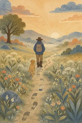 Faithful Dog Following Footsteps at Sunrise